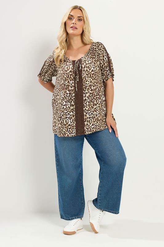 YOURS Plus Size Brown Leopard Crochet Tie Front Top | Yours Clothing
