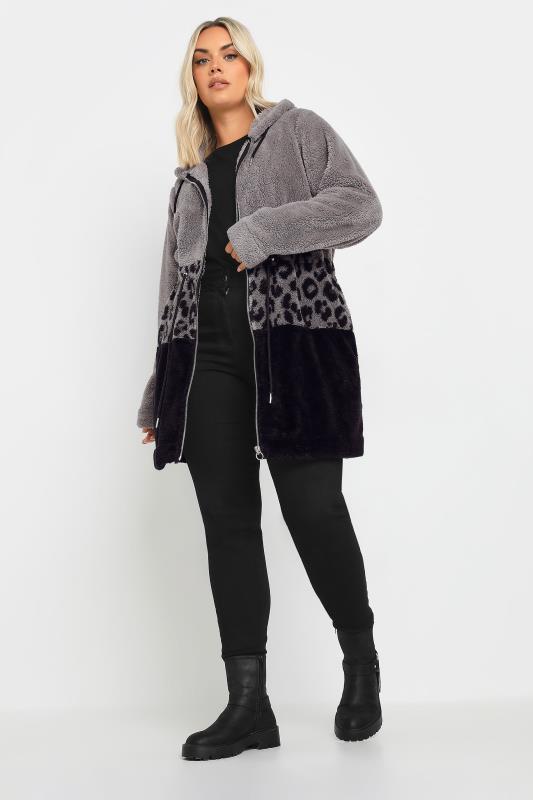 YOURS Plus Size Grey Leopard Print Colour Block Fleece Jacket | Yours Clothing 2