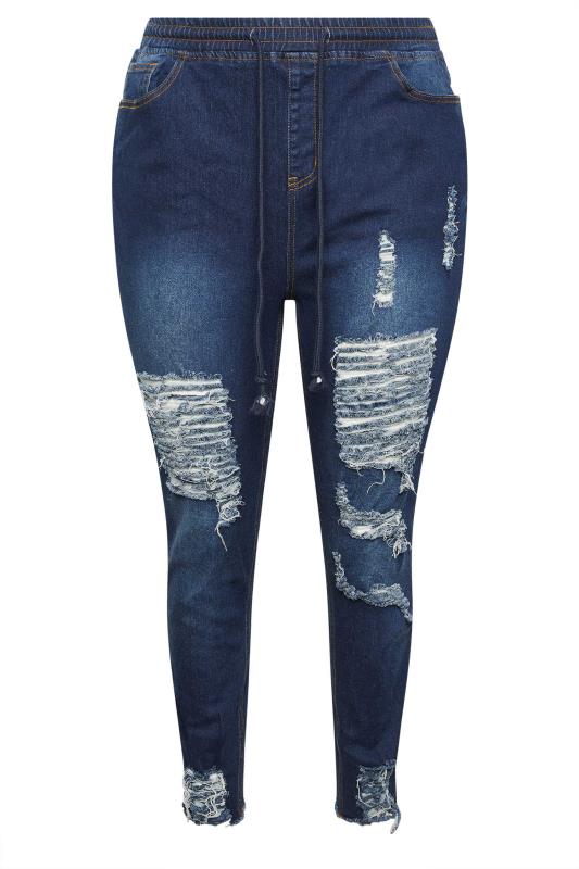 Plus Size Blue Elasticated Waist Ripped Skinny AVA Jeans | Yours Clothing  4