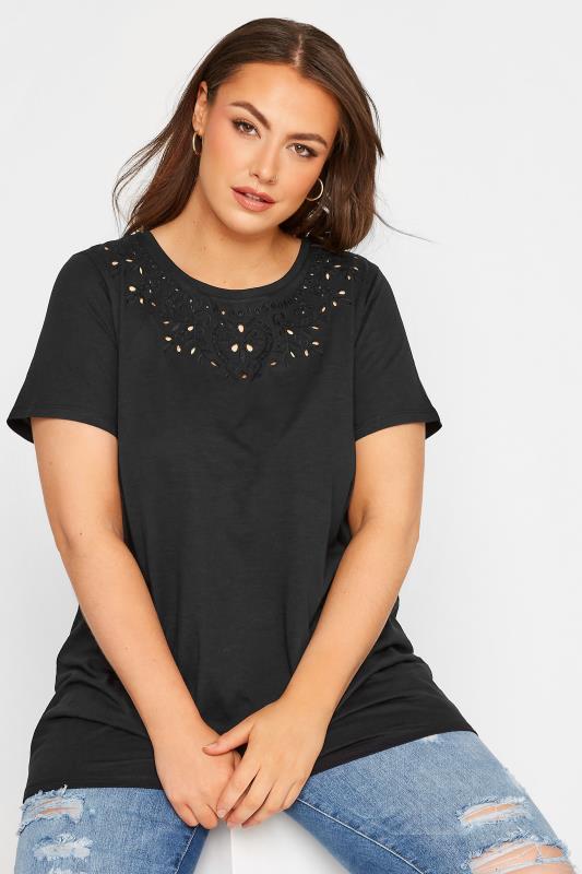 Plus Size Black Broderie Anglaise Neckline T-Shirt | Yours Clothing 1