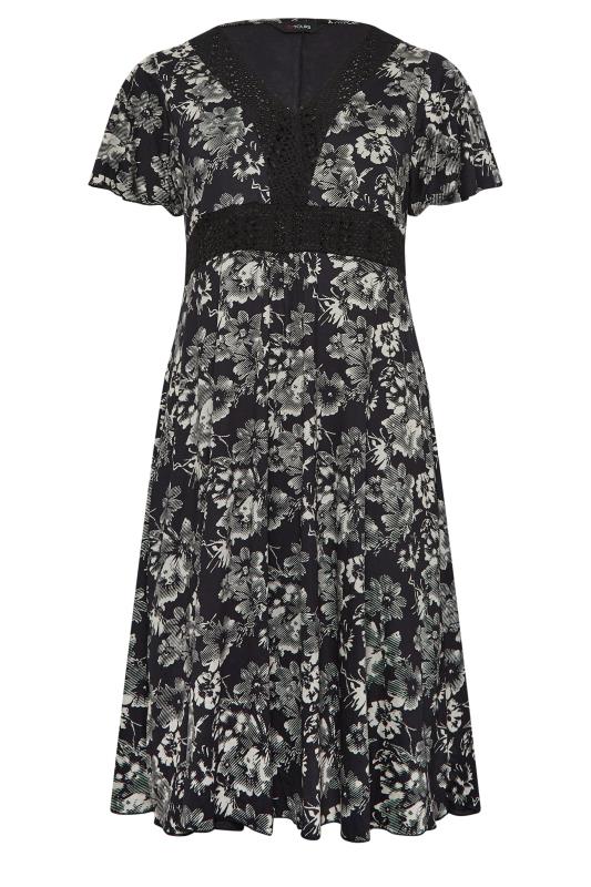 YOURS Plus Size Black & Cream Floral Print Lace Detail Dress | Yours Clothing 6
