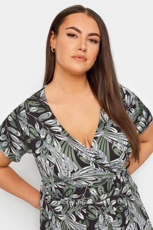 YOURS Curve Black & Green Leaf Print Wrap Maxi Dress | Yours Clothing 4