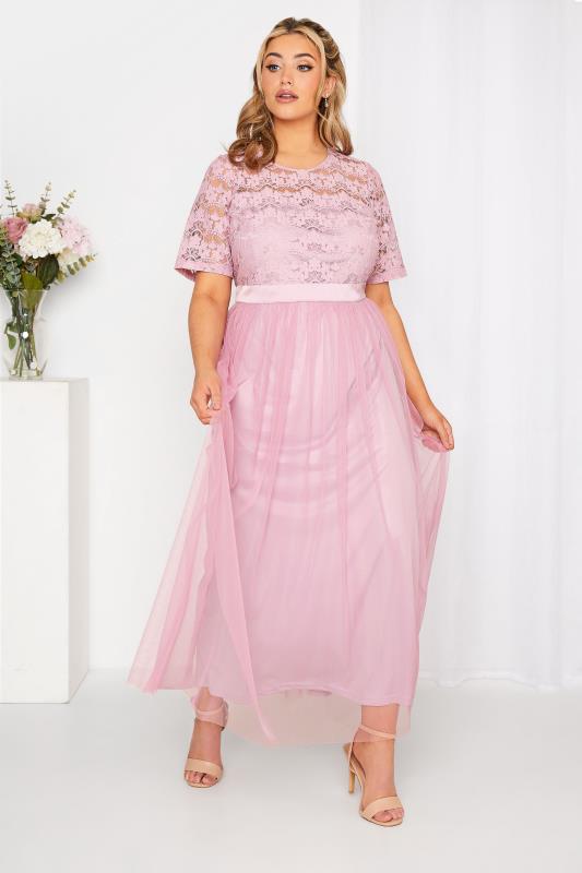 Großen Größen  YOURS LONDON Curve Pink Lace Bridesmaid Maxi Dress