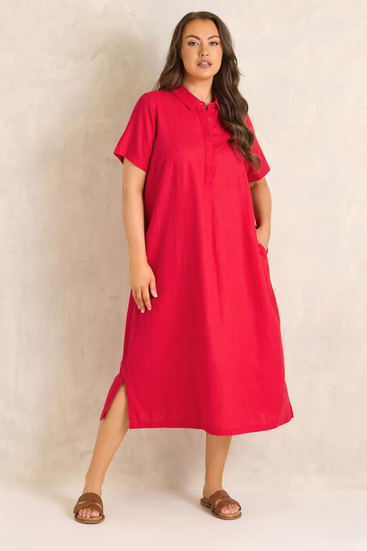 EVANS Plus Size Red Premium Linen Shirt Dress | Evans 2