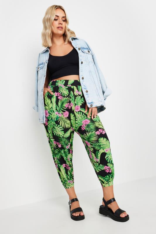 YOURS Plus Size Black Tropical Print Harem Trousers | Yours Clothing 1