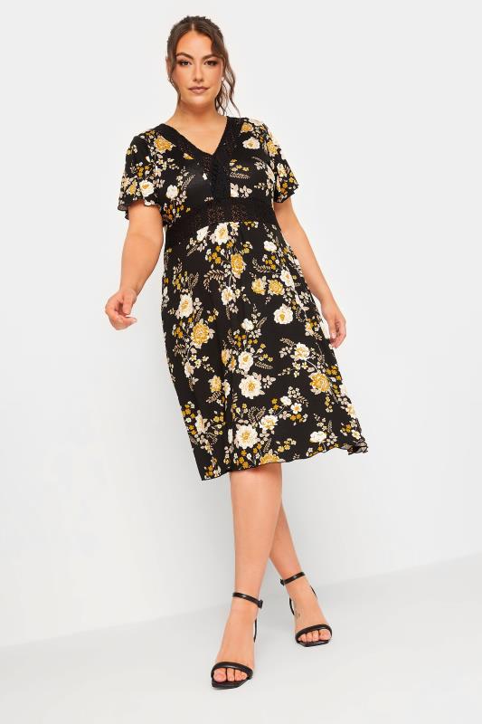 YOURS Plus Size Black Floral Print Lace Detail Dress | Yours Clothing 1