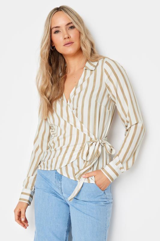 LTS Tall Womens Brown & White Stripe Collared Wrap Top | Long Tall Sally 1