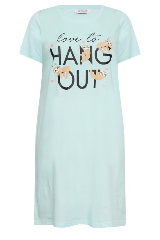 YOURS Curve Plus Size Light Blue 'Love To Hang Out' Slogan Sloth Print Nightdress | Yours Clothing  5