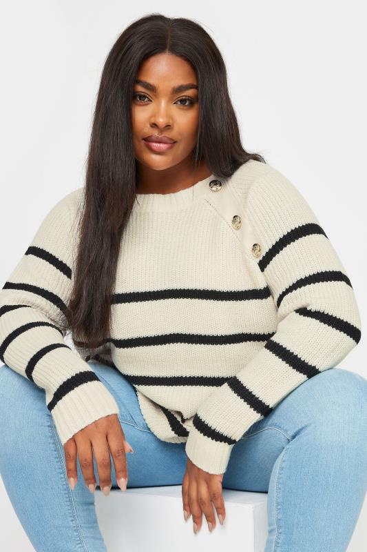 YOURS Plus Size Ivory White Stripe Button Detail Jumper | Yours Clothing 1