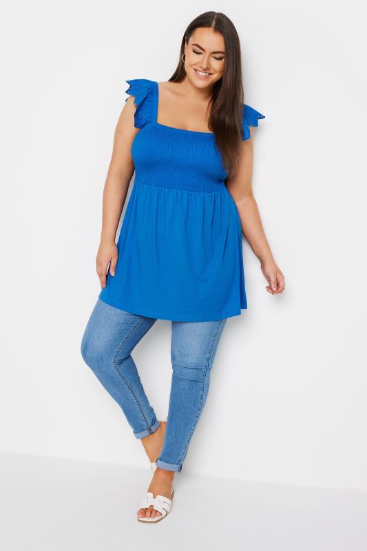 YOURS Plus Size Cobalt Blue Broderie Anglaise Peplum Top | Yours Clothing 2