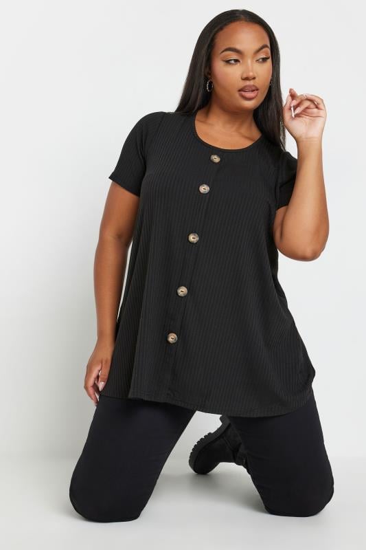 Plus Size  YOURS Curve Black Button Front Ribbed Swing Top