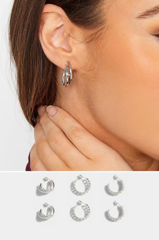 3 PACK Silver Tone Hoop Earrings | Yours Clothing 1