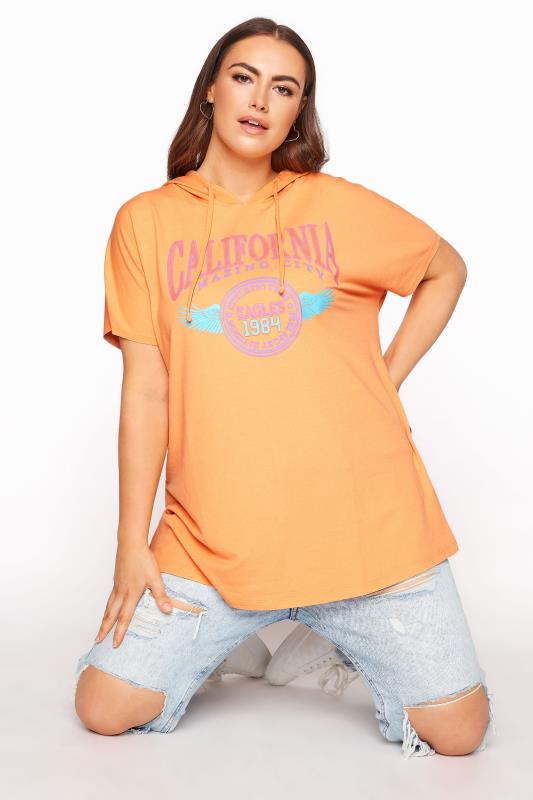 Plus Size  Orange 'California' Slogan Graphic Print Short Sleeve Hoodie