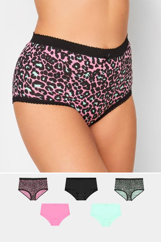 Plus Size 5 PACK Bright Pink Animal Print High Waisted Full Briefs | Yours Clothing  1