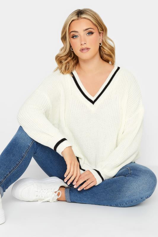 YOURS PETITE Plus Size White Stripe V-Neck Jumper | Yours Clothing 1