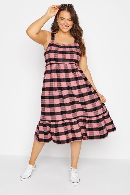 Plus Size Pink Check Shirred Midi Smock Sundress | Yours Clothing  1