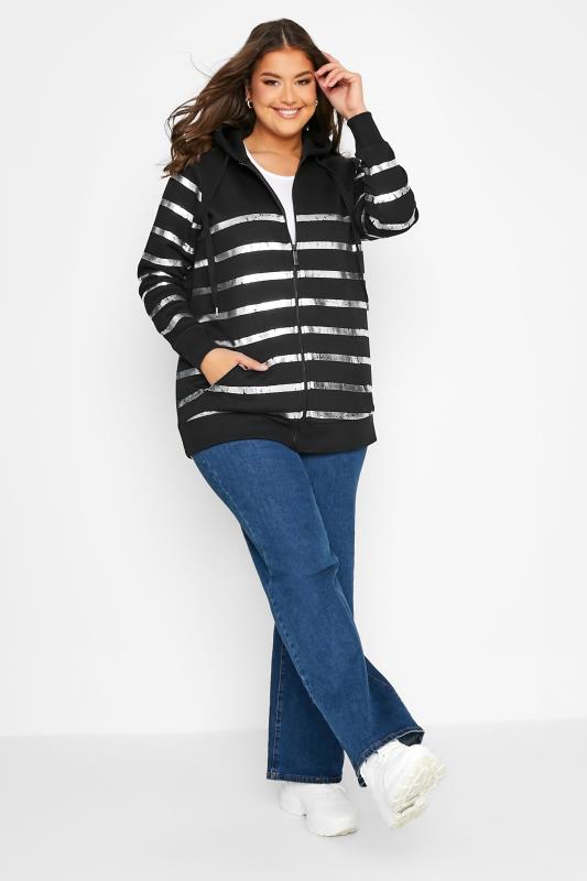 Womens Plus Size Curve Black & Silver Stripe Zip Hoodie | Yours Clothing 2