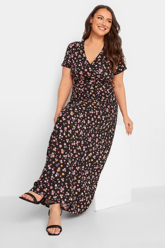 YOURS Curve Plus Size Black Ditsy Floral Wrap Dress | Yours Clothing  2