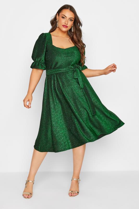 YOURS LONDON Plus Size Green Glitter Puff Sleeve Midi Dress | Yours Clothing 2