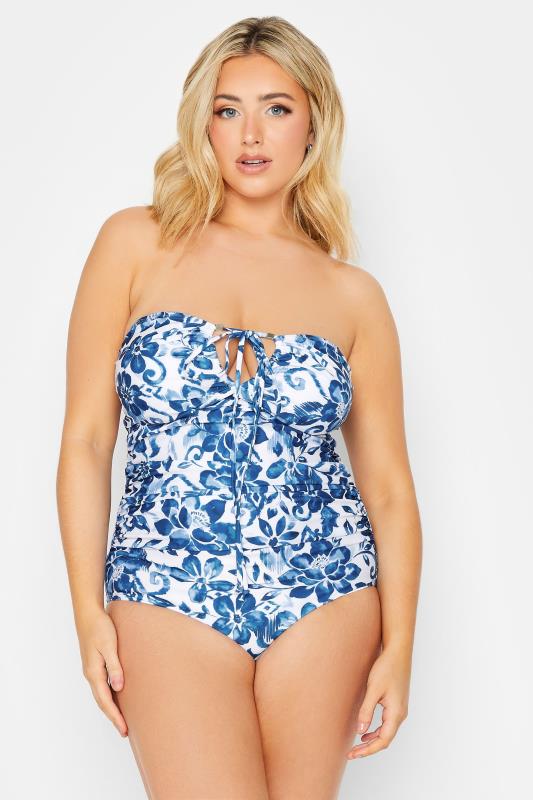 YOURS Curve Plus Size Blue Floral Print Cross Tummy Control Swimsuit | Yours Clothing  2