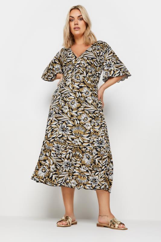 YOURS Plus Size Black & Yellow Floral Print Midi Wrap Dress | Yours Clothing 1