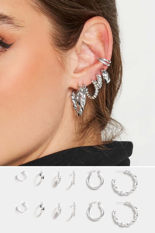 6 PACK Silver Multi Size Hoop Earring Set | Yours Clothing 1