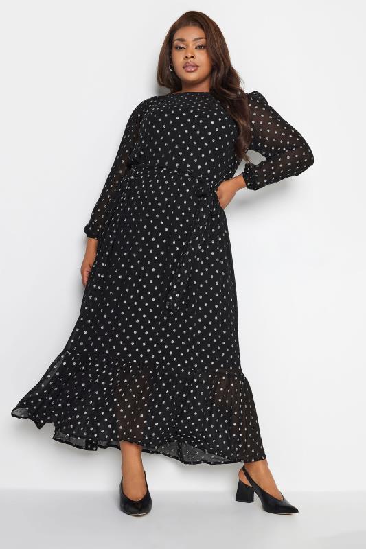 YOURS LONDON Plus Size Black Metallic Spot Print Smock Maxi Dress | Yours Clothing 1
