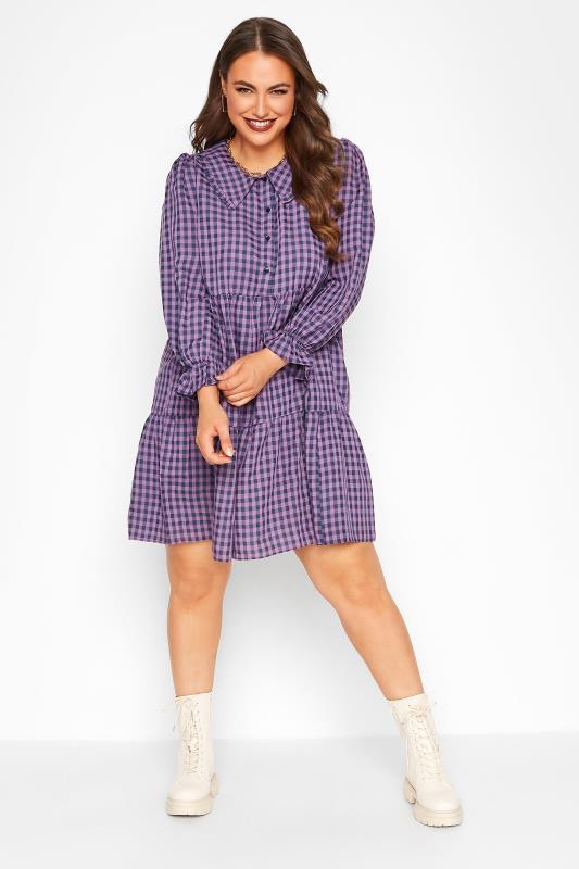  Tallas Grandes LIMITED COLLECTION Curve Purple Gingham Smock Shirt Dress