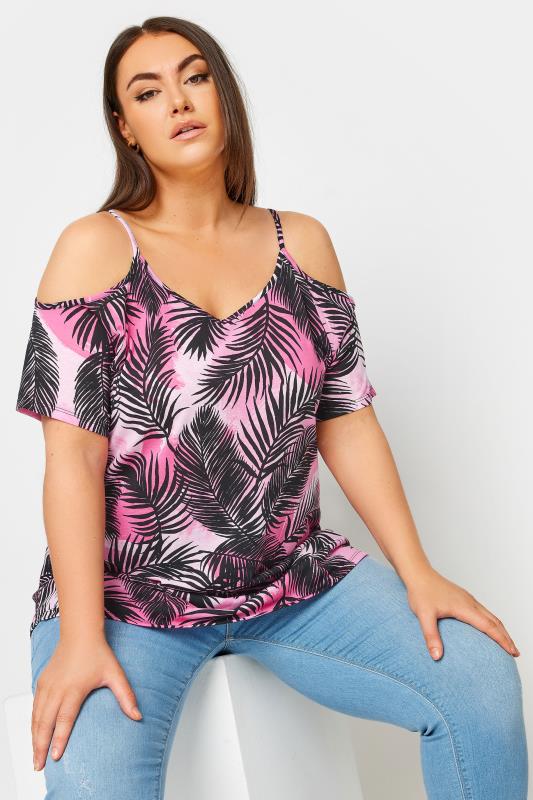YOURS Plus Size Pink Tropical Print Cold Shoulder Top | Yours Clothing 1
