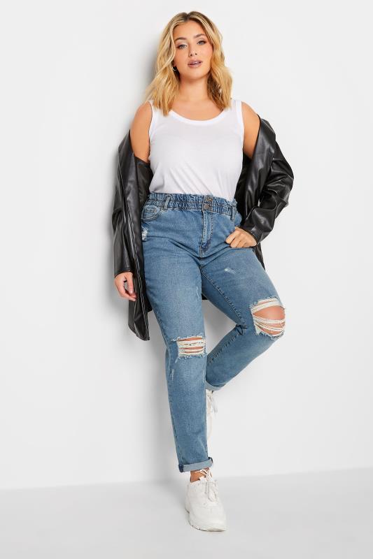 Plus Size Blue Ripped Elasticated MOM Jeans | Yours Clothing 2