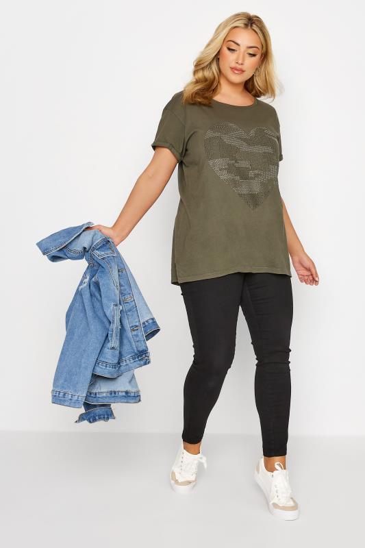 Plus Size Khaki Green Camo Embellished Dipped Hem T-Shirt | Yours Clothing 2