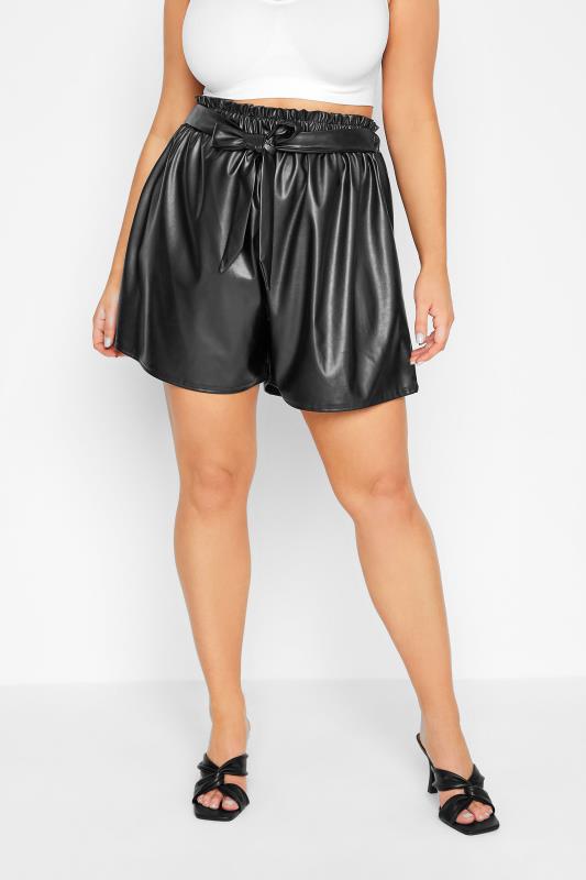 LIMITED COLLECTION Curve Black Leather Look Paperbag Shorts_A.jpg