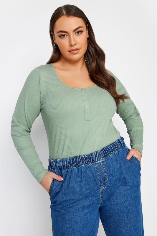 Plus Size  YOURS Curve Light Green Ribbed Popper Fastening Top