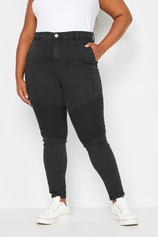 YOURS Plus Size Black Skinny AVA Biker Jeans | Yours Clothing 1