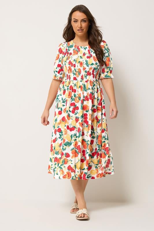 YOURS Plus Size Orange Shirred Fruit Print Dress | Yours Clothing 1