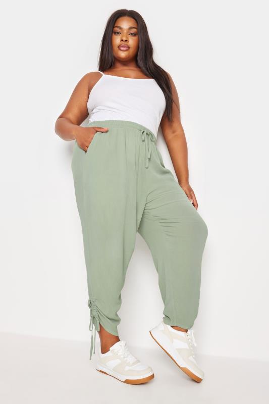YOURS Plus Size Sage Green Crinkle Ruched Cropped Trousers | Yours Clothing 2