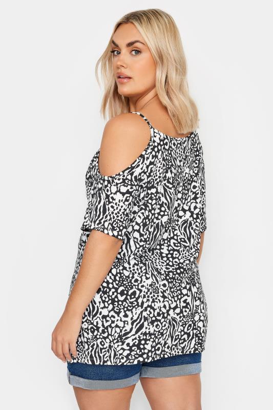 YOURS Plus Size Black & White Mixed Animal Print Cold Shoulder Top | Yours Clothing 4