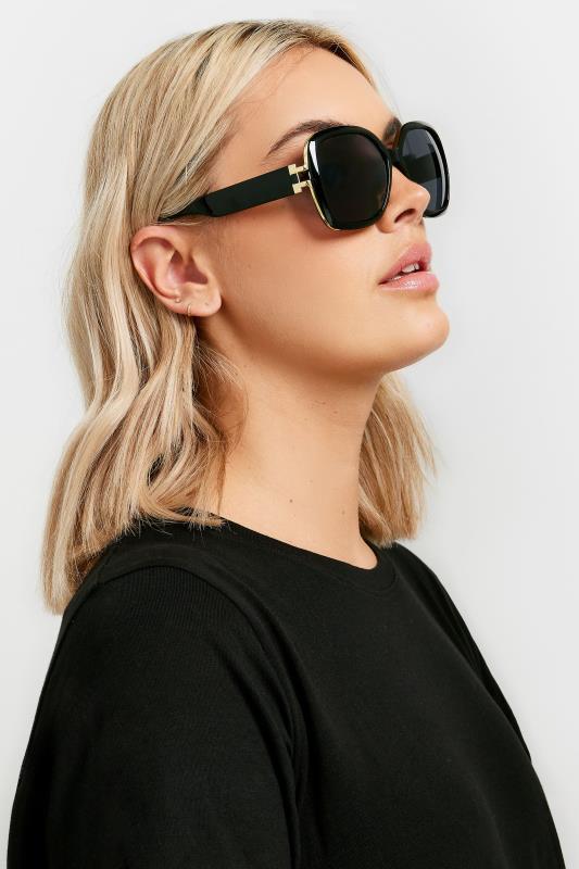 Black Oversized Frame Gold Tone Detail Sunglasses | Yours Clothing 1