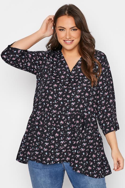 Plus Size Black Floral Print Smock Blouse | Yours Clothing 1