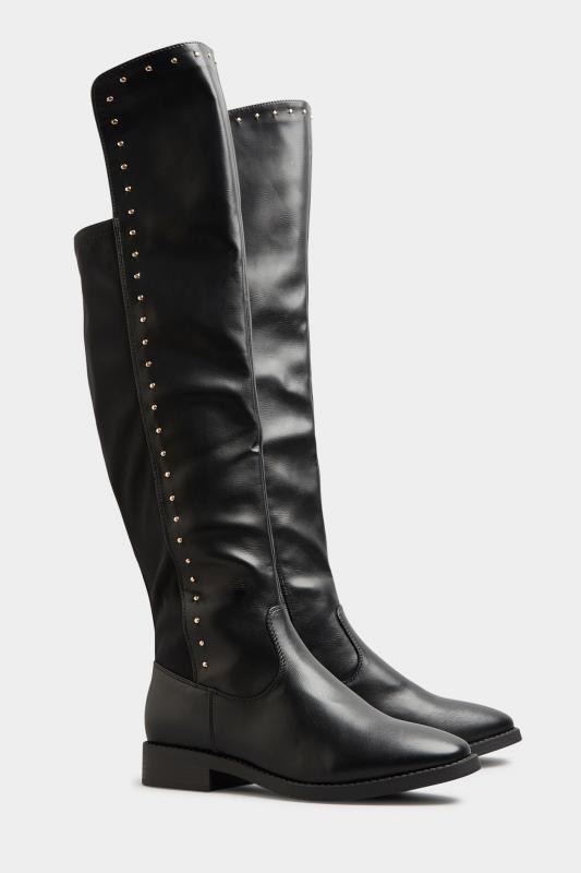 LIMITED COLLECTION Black PU Stud Over The Knee Boots In Extra Wide EEE Fit 1