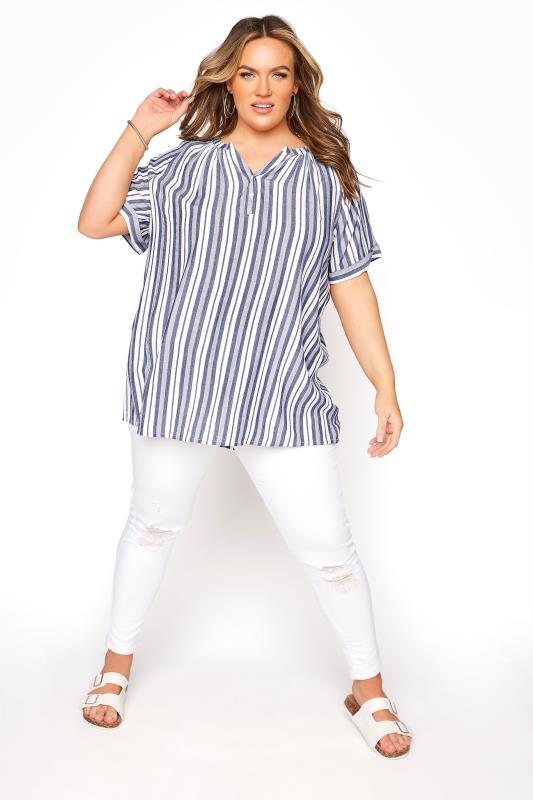 Blue Stripe Raglan Sleeve Shirt | Yours 