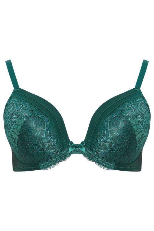 YOURS Plus Size Green Lace Detail Satin Padded Plunge Bra