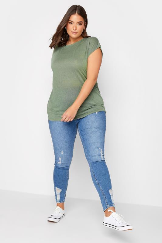 YOURS Curve 2 PACK Plus Size Khaki Green & Rust Orange Linen Look T-Shirt | Yours Clothing  6