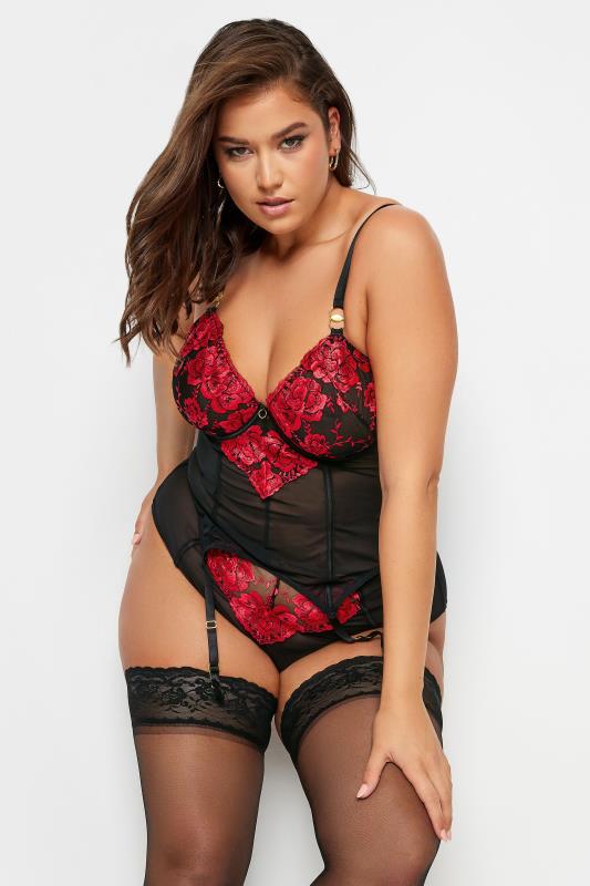 YOURS Plus Size Red & Black Embroidered Satin Basque | Yours Clothing 3