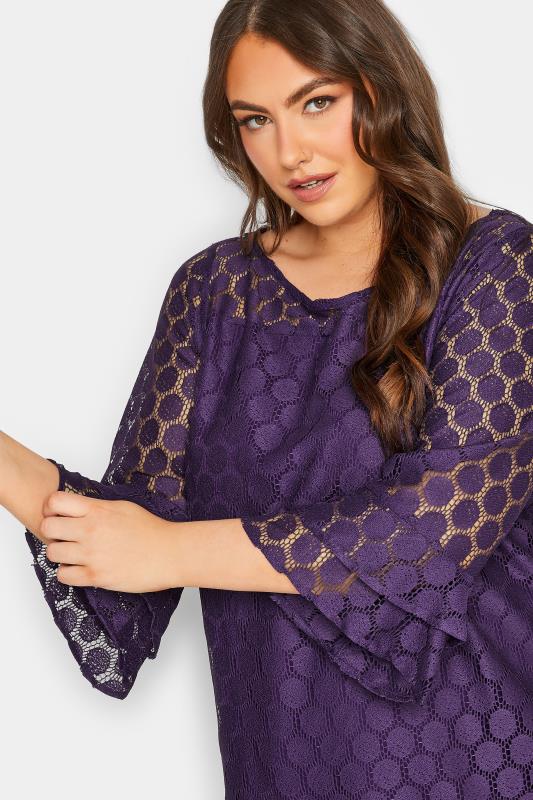 YOURS Plus Size Purple Lace Bell Sleeve Blouse | Yours Clothing 4