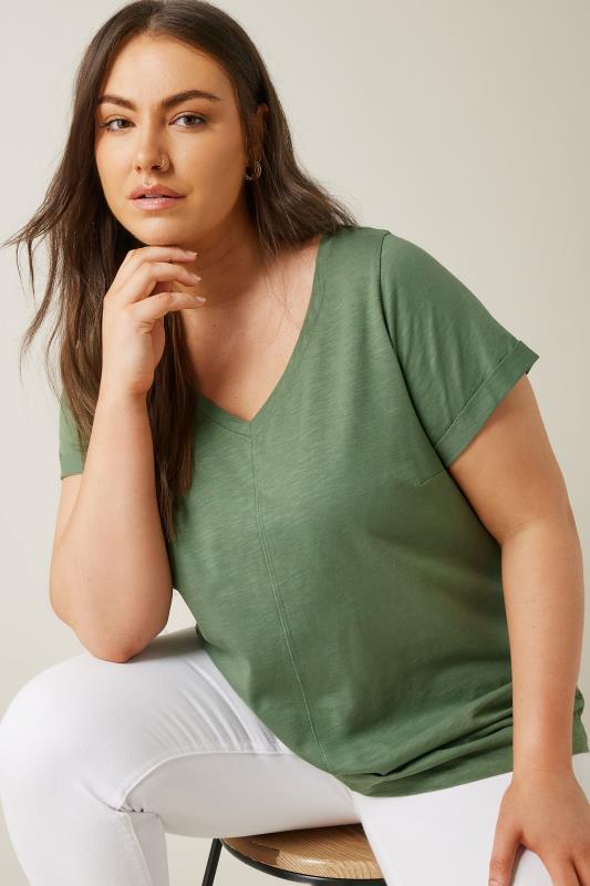 EVANS Plus Size Khaki Green Pure Cotton T-Shirt | Evans 1