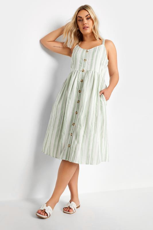 Plus Size  YOURS Curve White & Sage Green Stripe Sundress