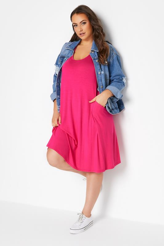 Curve Hot Pink Sleeveless Drape Pocket Midi Dress 2