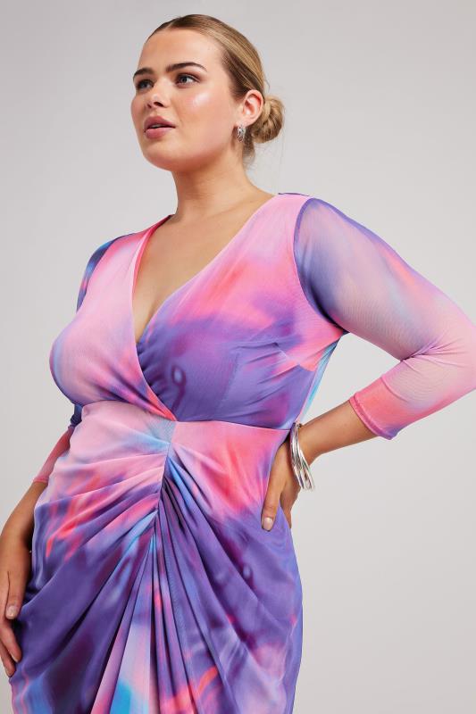 YOURS LONDON Curve Pink Abstract Print Mesh Gathered Midi Dress | Plus Size Clothing 2