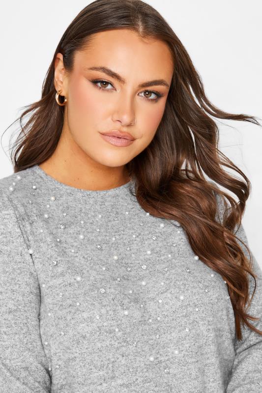 Plus Size Curve Grey Pearl Embellished Soft Touch Top | Yours Clothing  4